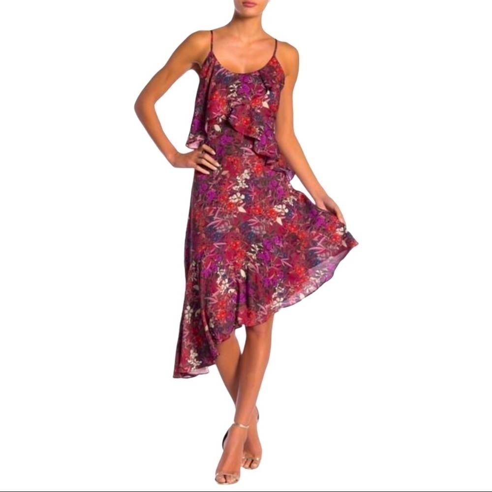 New! Adelyn Rae Francesca Floral Ruffle Asymmetric Midi Party Cocktail Dress